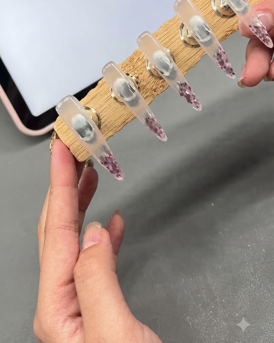 木製のネイルスタンドを上下逆さに持ってジェルを均している手。