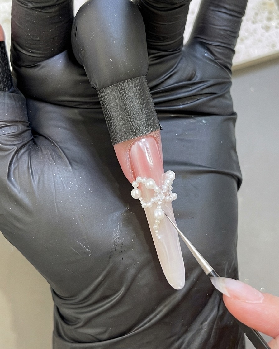 手袋をした手が細かいピンセットを使ってロングネイル上に小さな白いパールを配置し、蝶のリボンの形を作っている様子。
