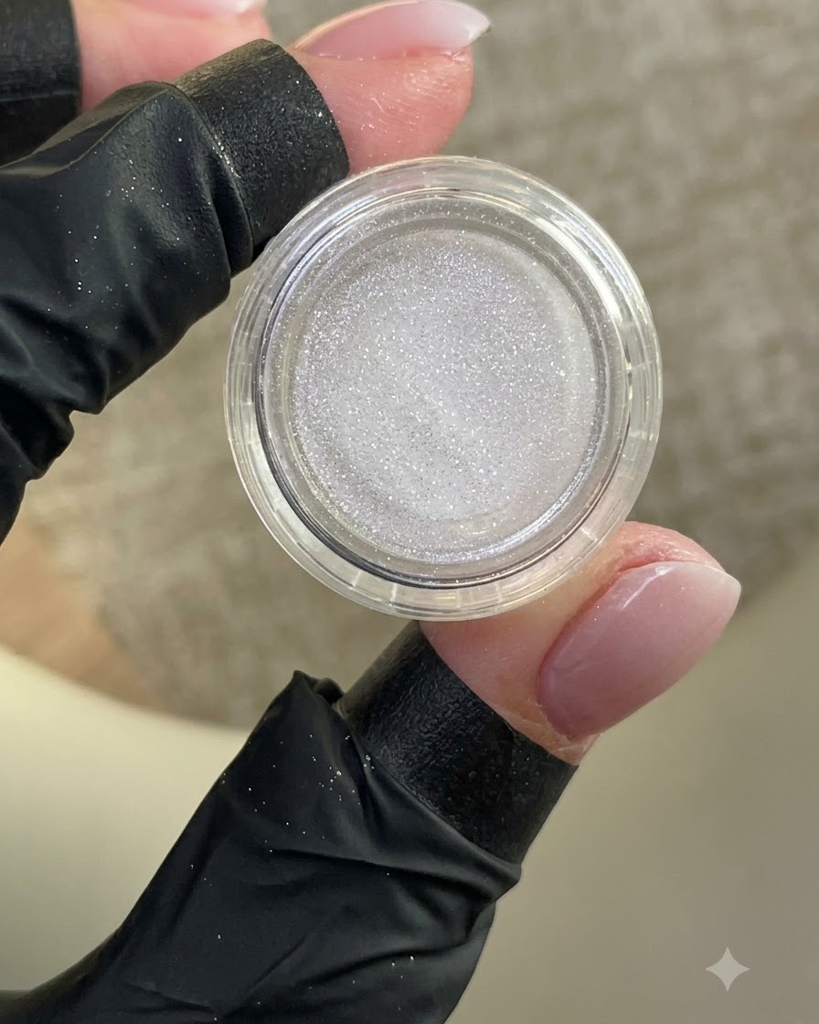 手袋を着用した手で、マニキュアを施した爪が見える状態で、シマーな白いパウダーが入った小さな開いたポットを持っている様子。