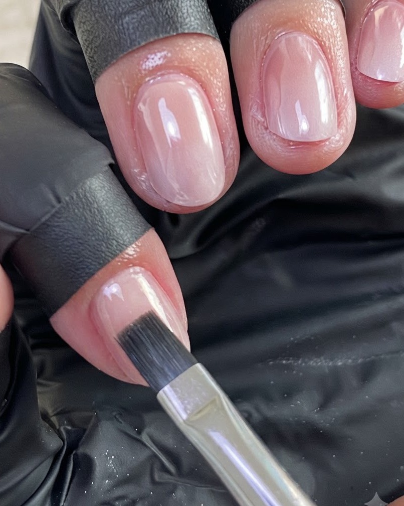 ネイルブラシを使って、マニキュアを施した爪の上にクリアな強化ジェルの層を丁寧に塗布している様子。
