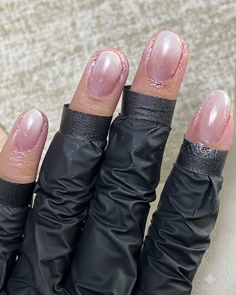 完成したマニキュアの上から、ネイルブラシで滑らかな光沢トップコートを塗布している様子。