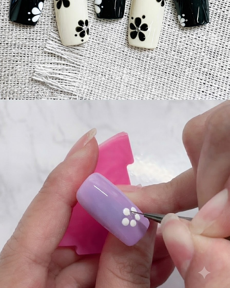 紫色のネイル上で、細いライナーブラシを使って白い花びらの形の輪郭を整えている様子。