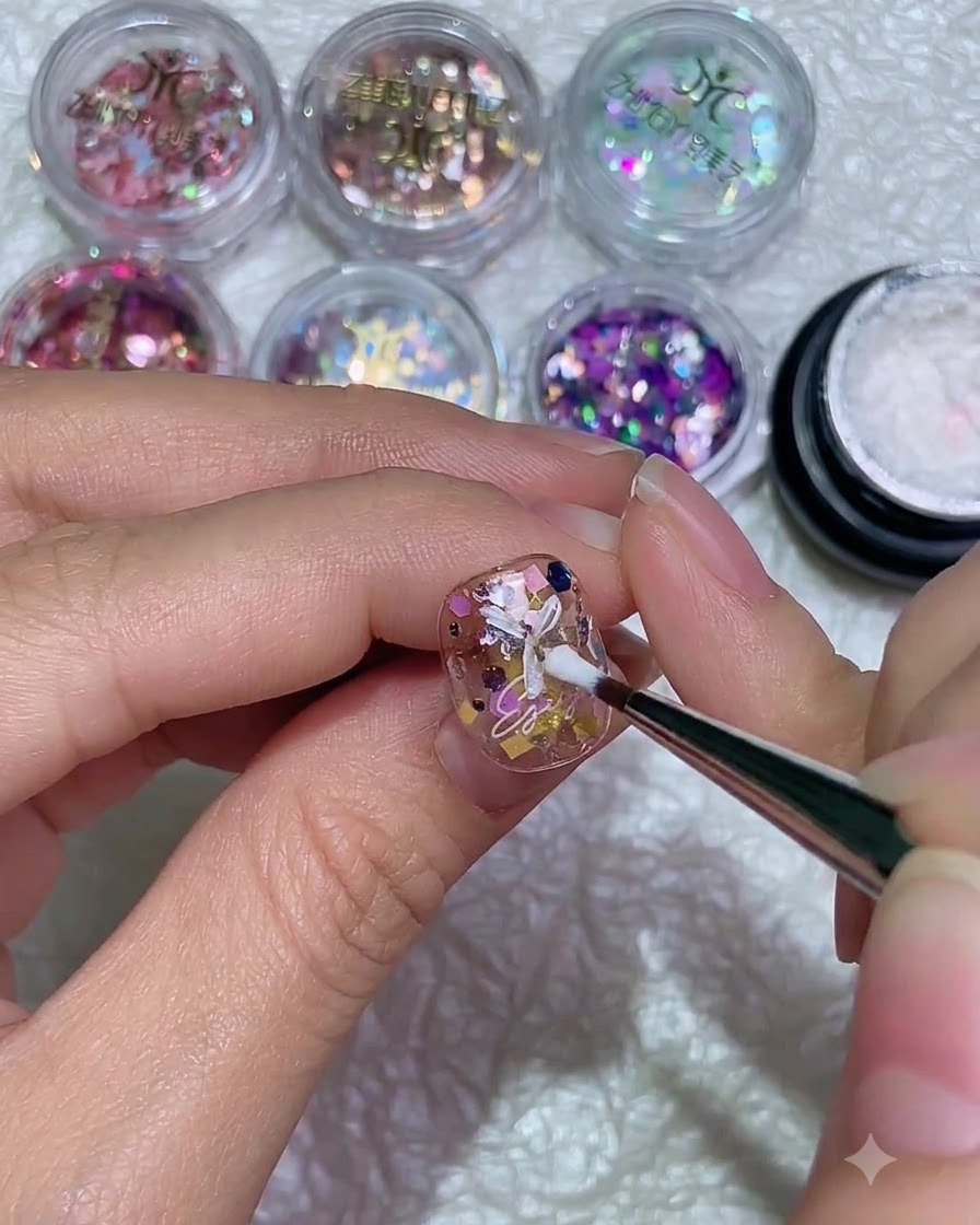 プレス技術を使用して、ネイル表面に白いデイジーの花びらを極細ライナーブラシで描き続けている様子。