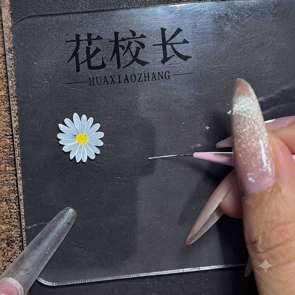 ダークな練習マットの上で、細いライナーブラシが正確な白い十字を描いている様子。