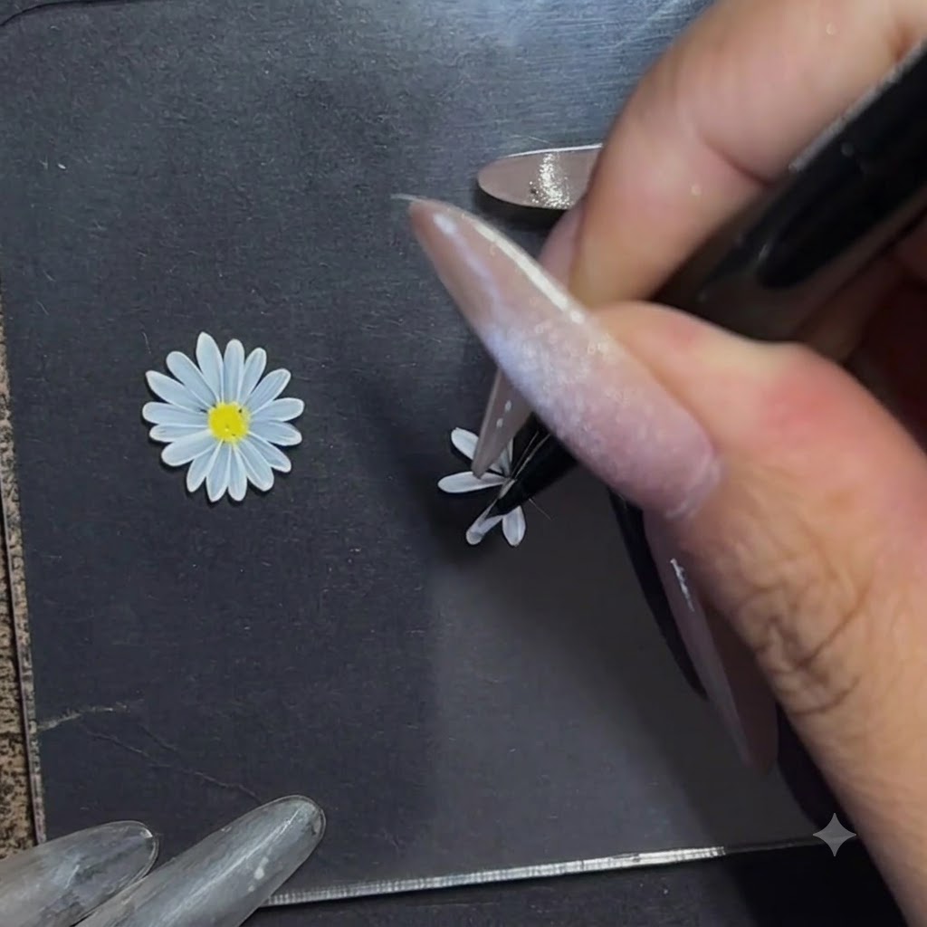 細いブラシを使って詳細な外側の花びらをペイントしながら、練習ボードを回転させている手。