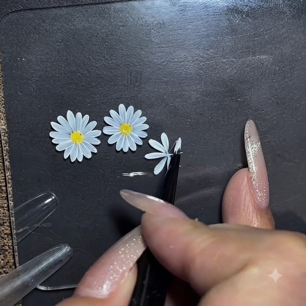 ディスプレイマット上で、ライナーブラシが白いデイジーの花びらの端を整えているクローズアップショット。