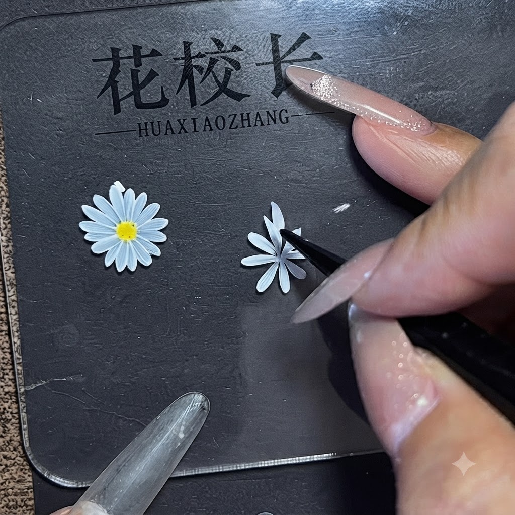 最初の花びらの隙間に第2層の花びらを追加しているネイルブラシの詳細なビュー。