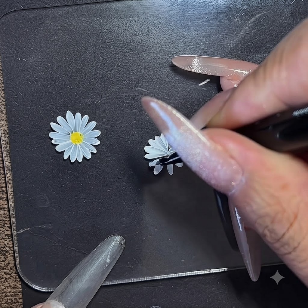 デイジーの中心に複雑な内側の花びらのストロークが追加されているクローズアップビュー。