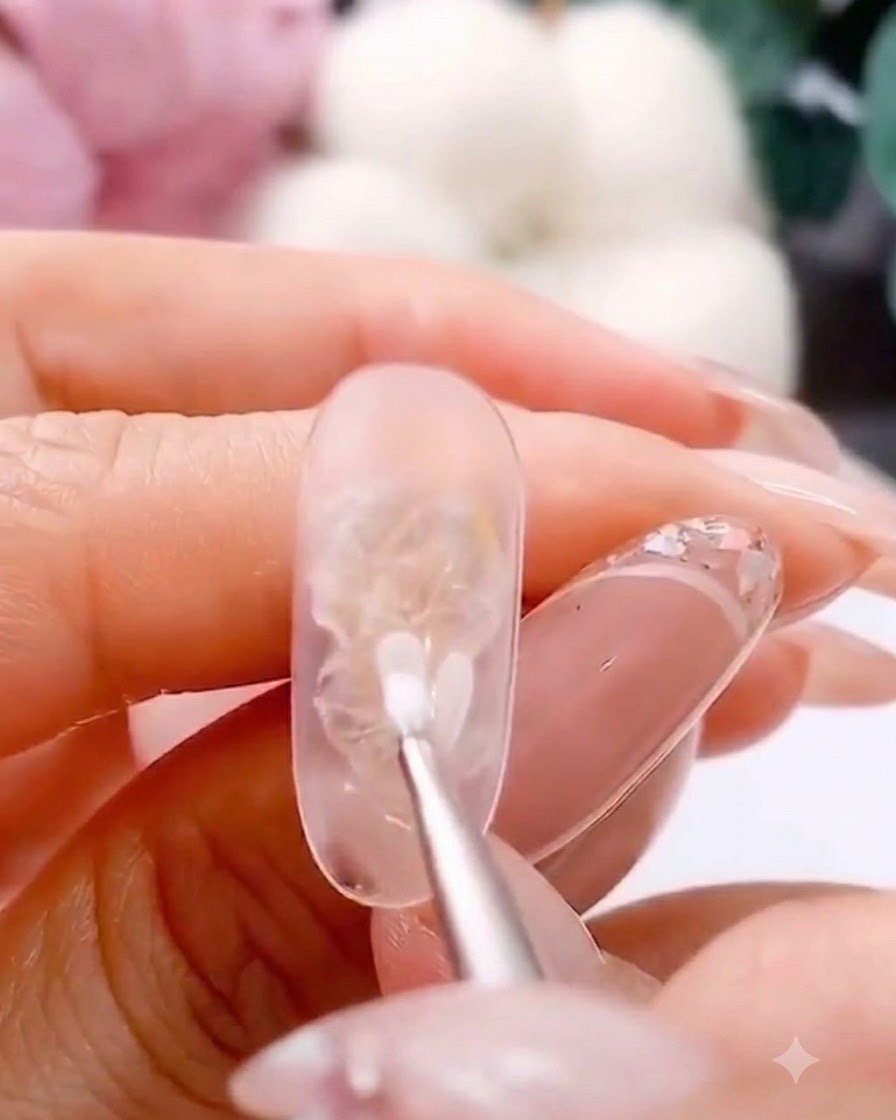クリアなネイルチップの上に、細筆を使って白いジェルの花びらを乗せている様子。
