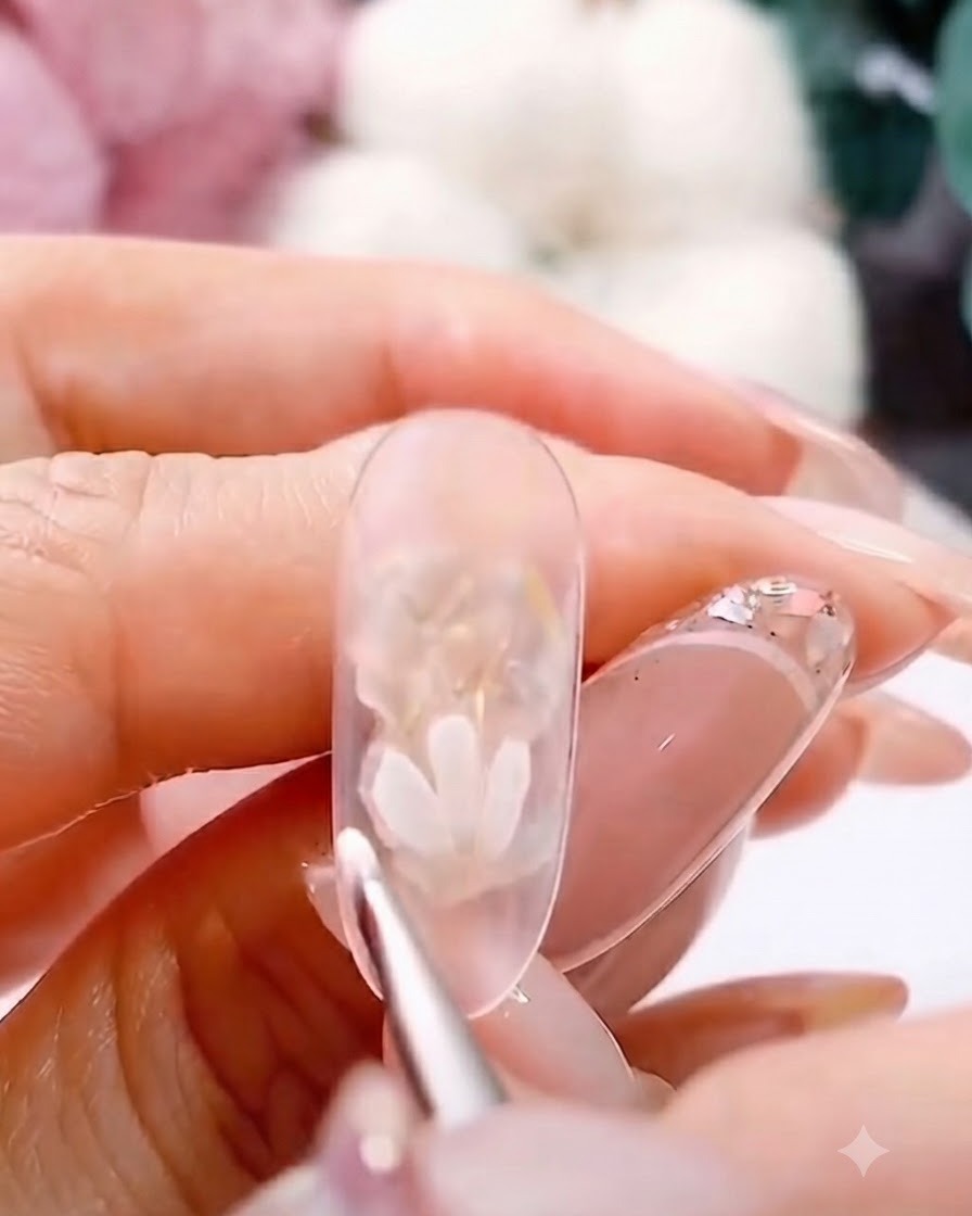 細ライナーブラシを使い、クリアなネイル上で白い花びらを増やして完全なデイジーの花を形作っている様子。