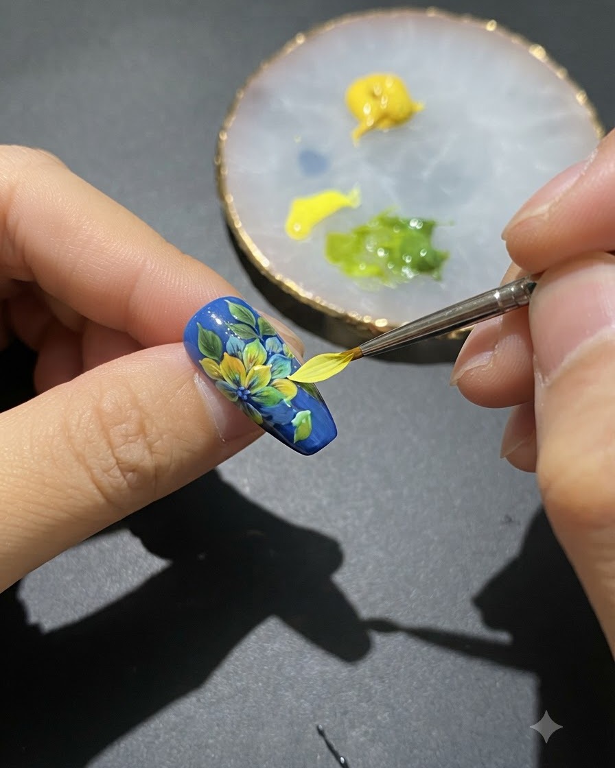 ライナーブラシが塗装された爪の表面に細い緑色の茎を描いている様子。