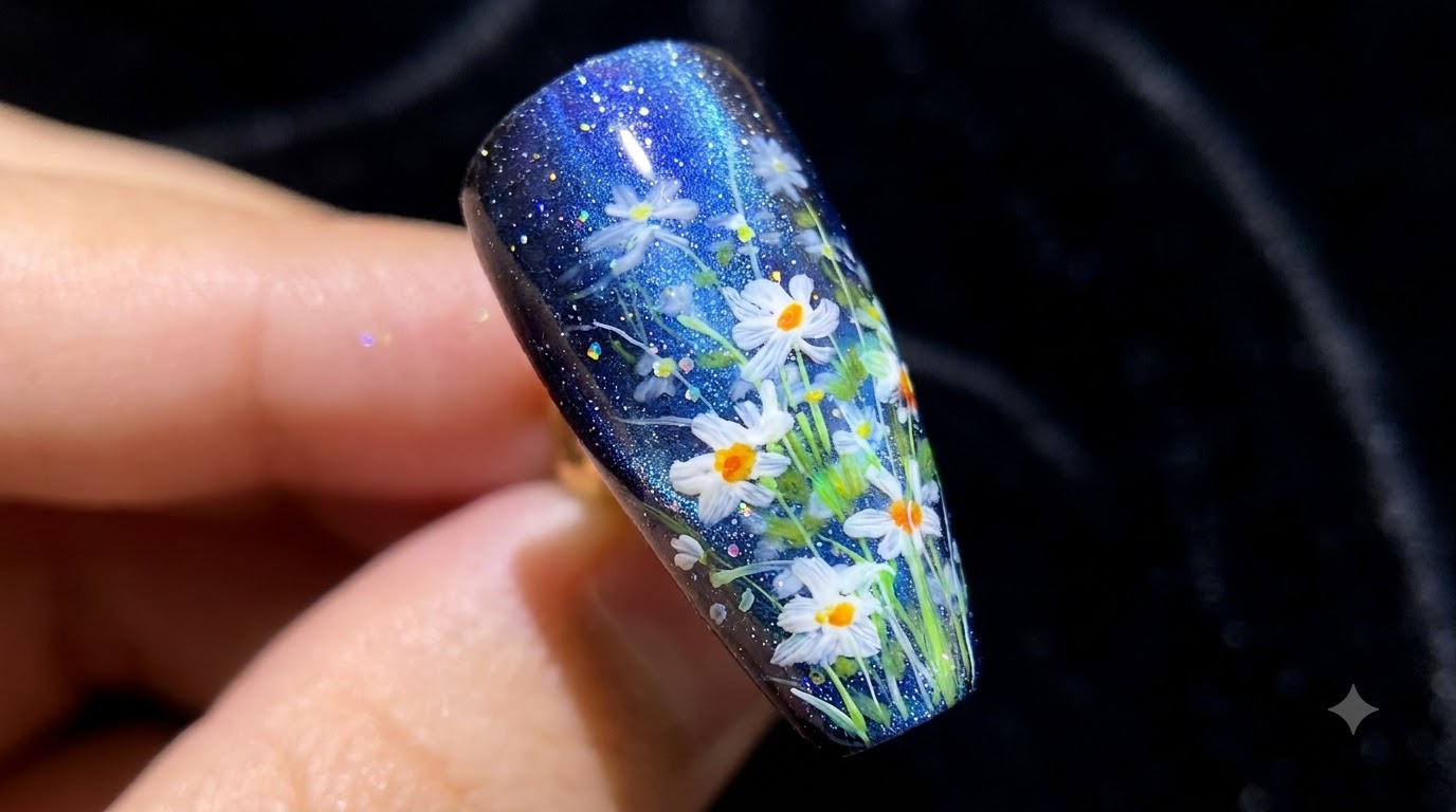 星空を背景に、繊細に描かれた白いデイジーの花が映える、仕上がったネイルのクローズアップ。