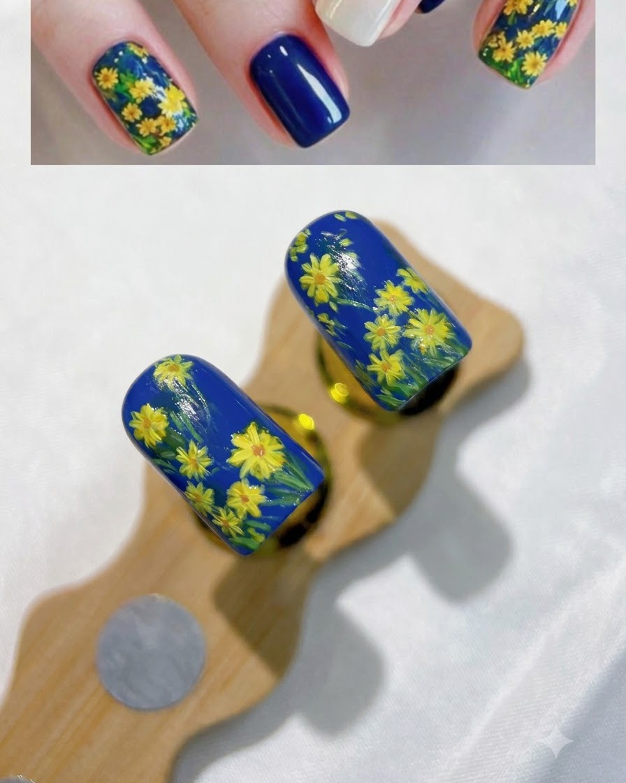 黄色、オレンジ、緑、青のジェルや絵の具のドロップが置かれた白いアーティストパレットのクローズアップ。