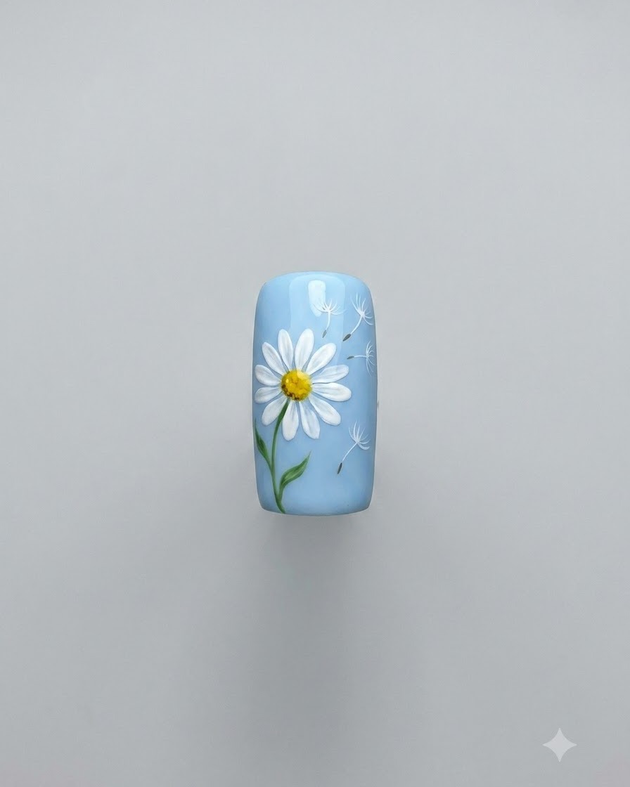 手描きのデイジーの茎に小さな緑の葉が追加されている様子を示すクローズアップ。
