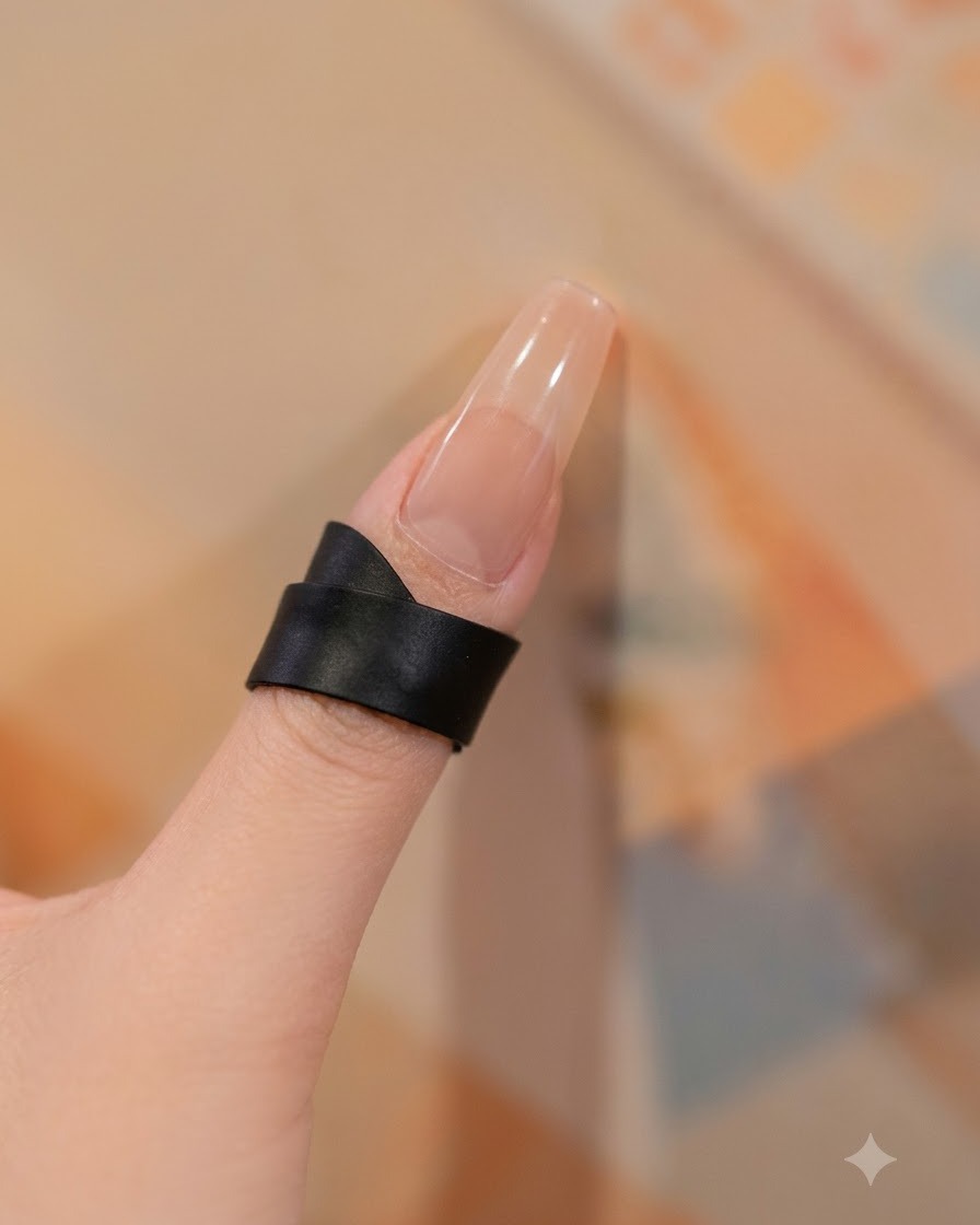 黒いリングをつけた指で、細いブラシを使い甘皮とベース付近にオフホワイトのジェルを塗布しているクローズアップ。