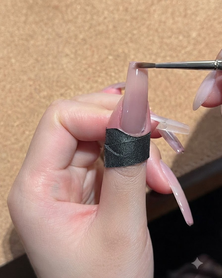 細かいネイルブラシが爪の先端にピーチヌードジェルの2層目を塗布しているところ。