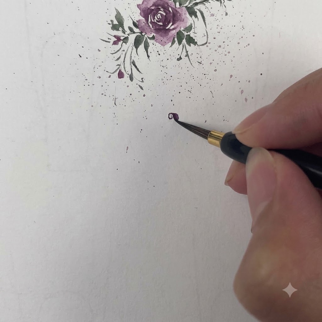 紫の花の中心の周りを包み込むように1枚目の花びらを形成する、濃い紫色のストロークを適用している細い水彩筆。