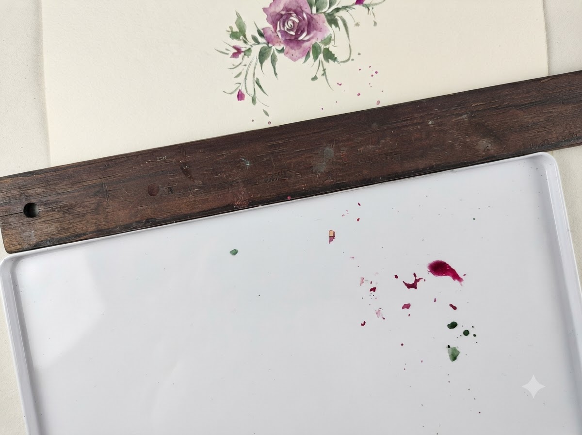 次の花びらのレイヤーのために混ぜて準備された明るい紫色のウォッシュを示す水彩パレット。