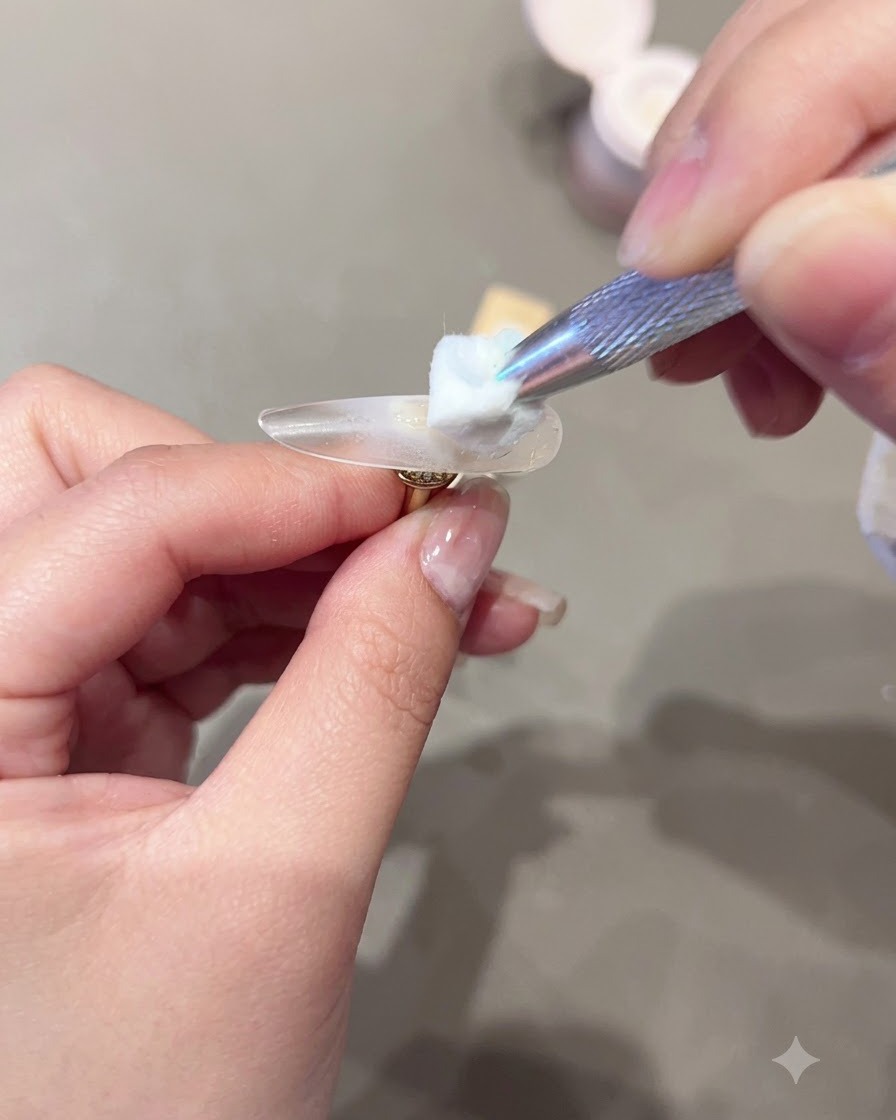 液体を含ませたコットンパッドを持つツールでクリアなネイルチップに製品を塗布している様子。