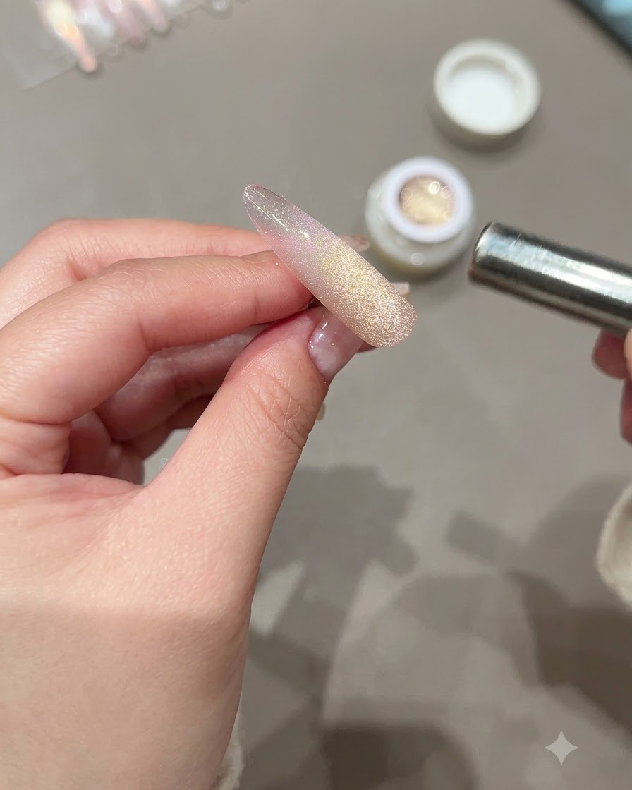 小さなマグネットを使い、ロングネイルの中央ストライプに向かって光るキャッツアイ粒子を寄せ集めている手。