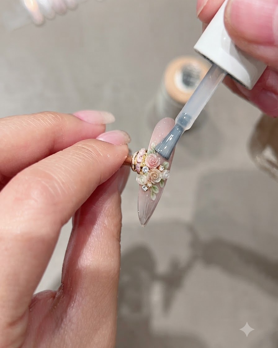 3Dミニチュアフラワーアートが施された長めのネイルに、Moding C8ミラージェルのクリアなトップコートをブラシで塗布している様子。