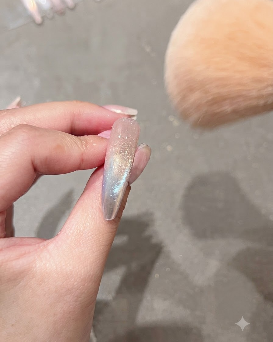 大きめのふわふわしたメイクブラシで、デコレーションされたネイルから余分なオーロラパウダーを払い落としている様子。