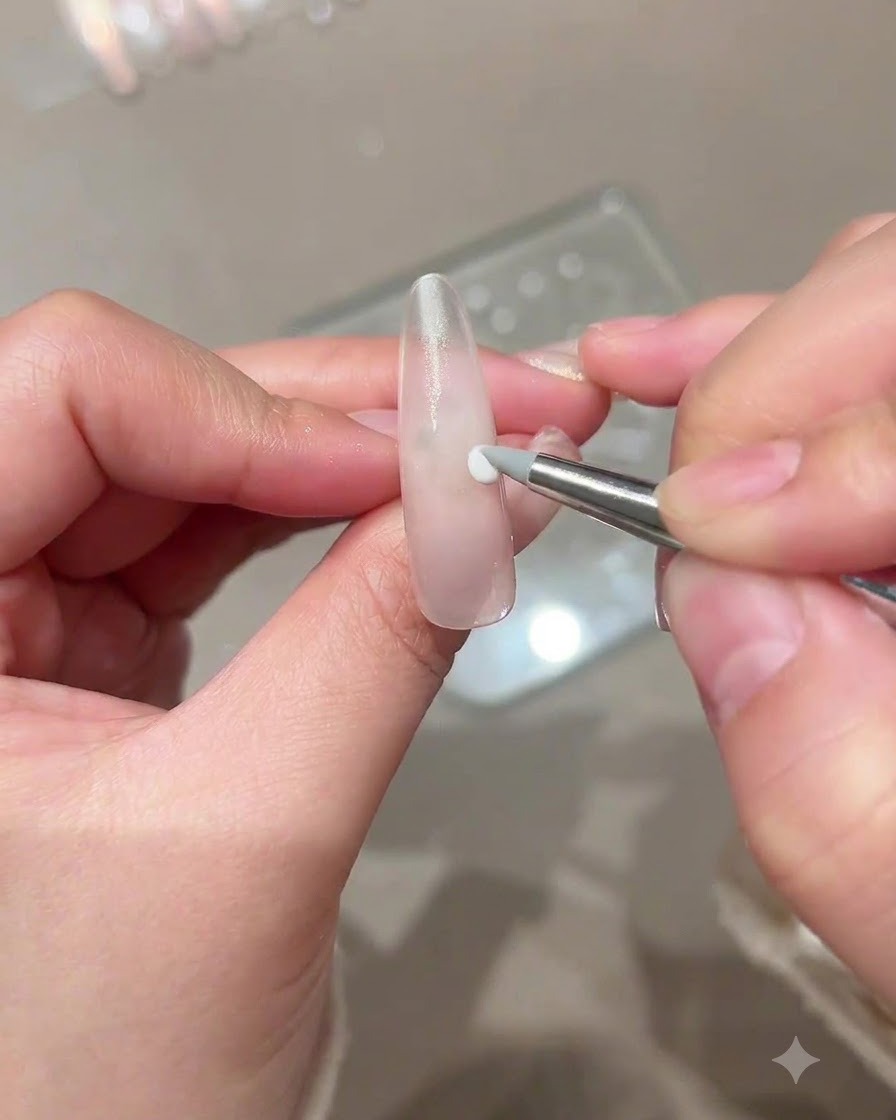 シリコンチップツールを使って、ヌードカラーのネイル上にホワイトの彫刻用ジェルの小さなドットを置いている様子。
