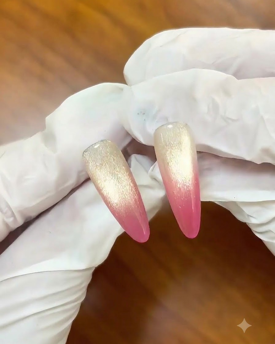 爪の先端を濃くするために、ベリーピンクジェルの2度塗りを行っている様子。