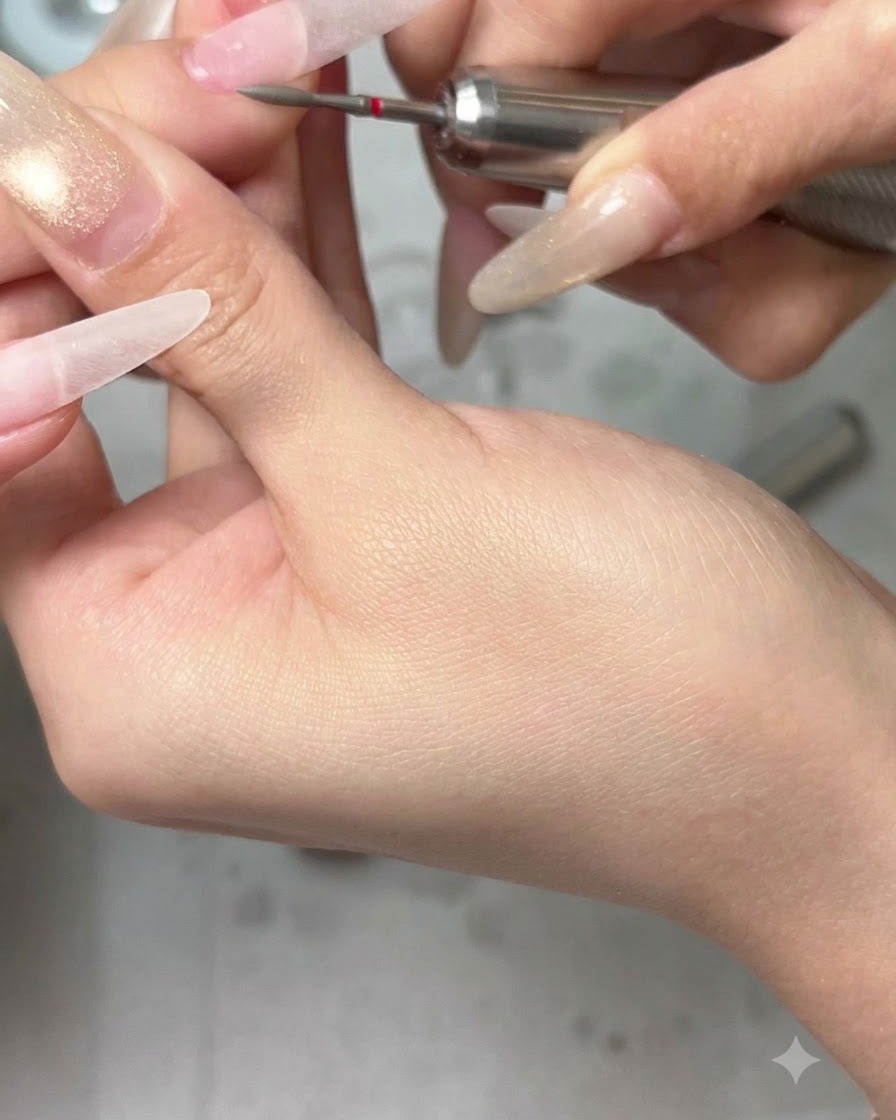マニキュアリストが電動ネイルファイルを使用して、ロングのナチュラル風ネイルの表面を滑らかに整えているクローズアップ。