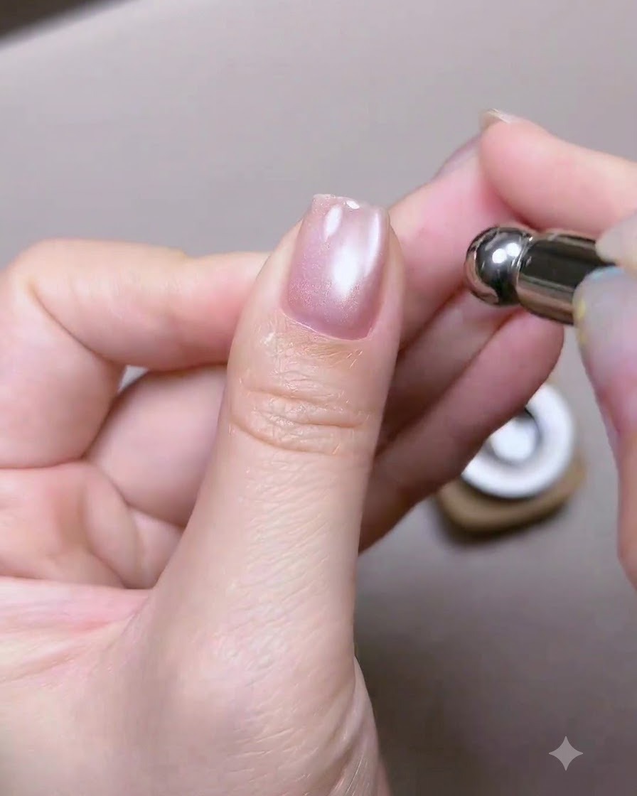未硬化のツヤのある親指の近くでマグネットスティックを使い、キャッツアイの輝きを集中させている様子。