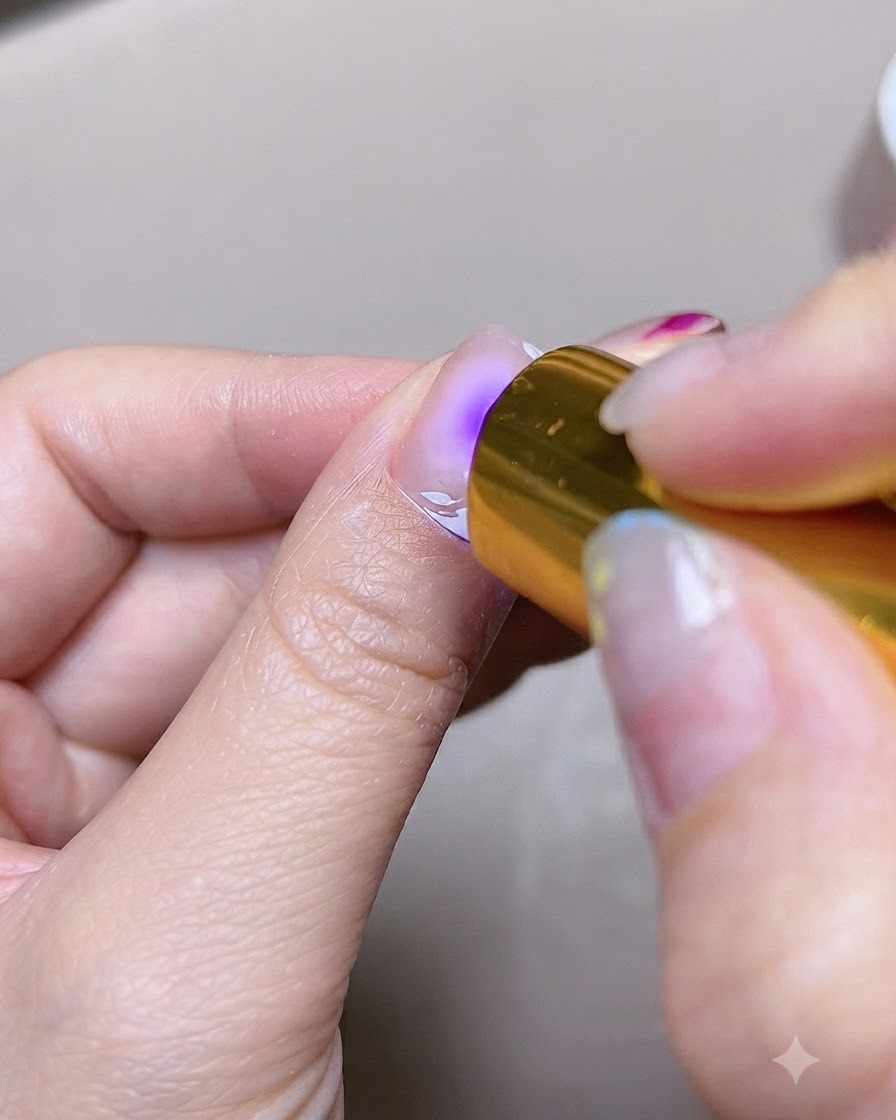 ポータブルなミニUVまたはLEDランプで爪のジェルを硬化させている様子。