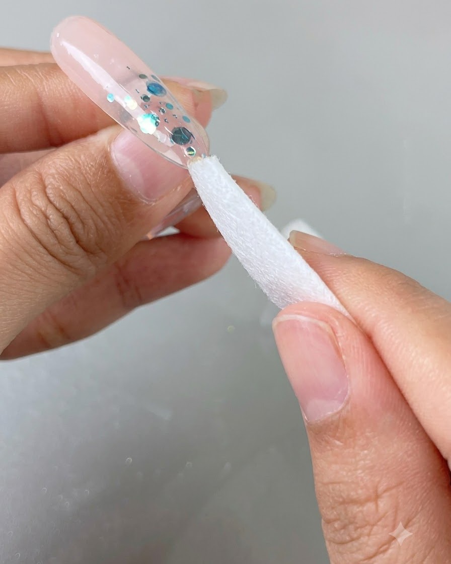 光沢のあるネイルから未硬化の残留物を拭き取るために、白いクレンジングワイプが使われているところ。