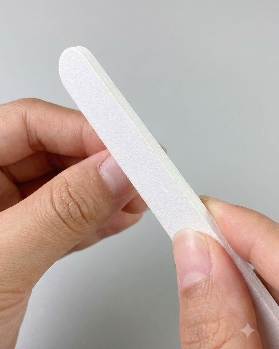 滑らかさと形を整える様子を示すために、白いネイルファイルが両手で持たれているところ。
