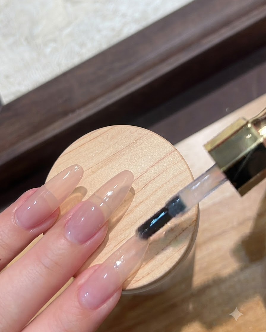 選んだ指にクリアなノンワイプトップコートを塗布しているネイルブラシ。