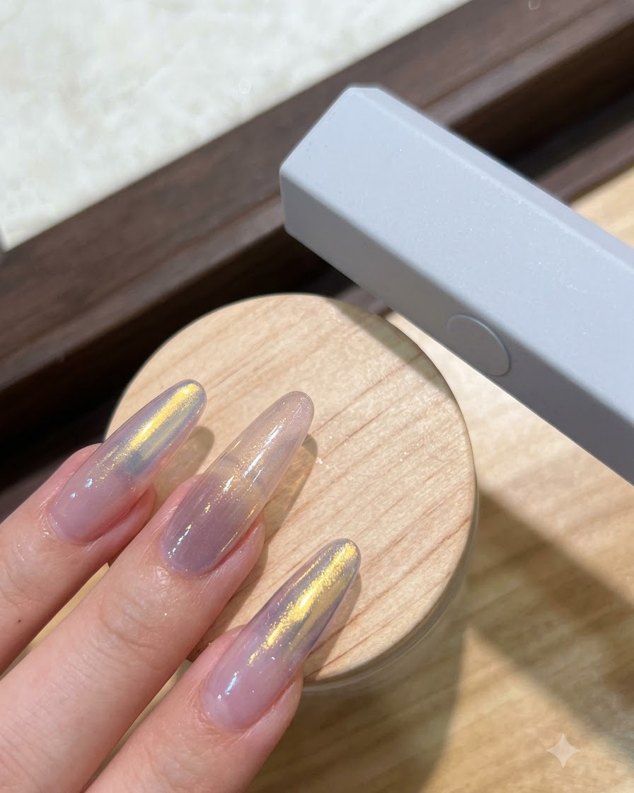 パレットから金属製ピンセットで小さな白い底のとがったラインストーンをつまみ上げている様子。