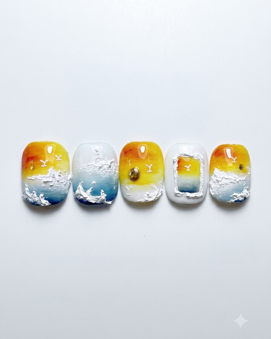 ドットペンを使って、イエローとブルーの夕日グラデーションネイルの上に小さなゴールドのキャッツアイジェルのドットを置いている様子。
