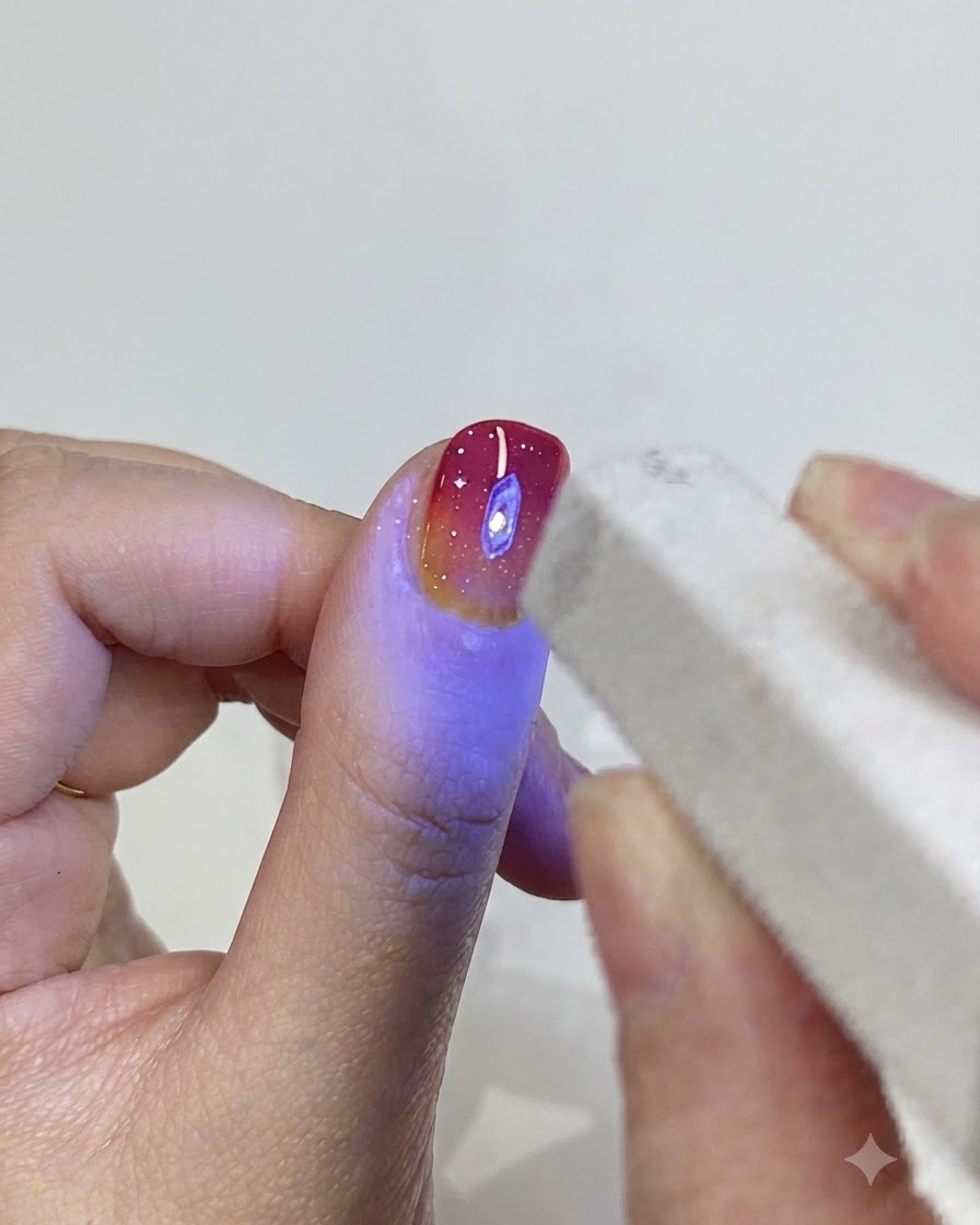 ジェル硬化プロセス中に手に青い光を放っているミニUV/LEDランプ。