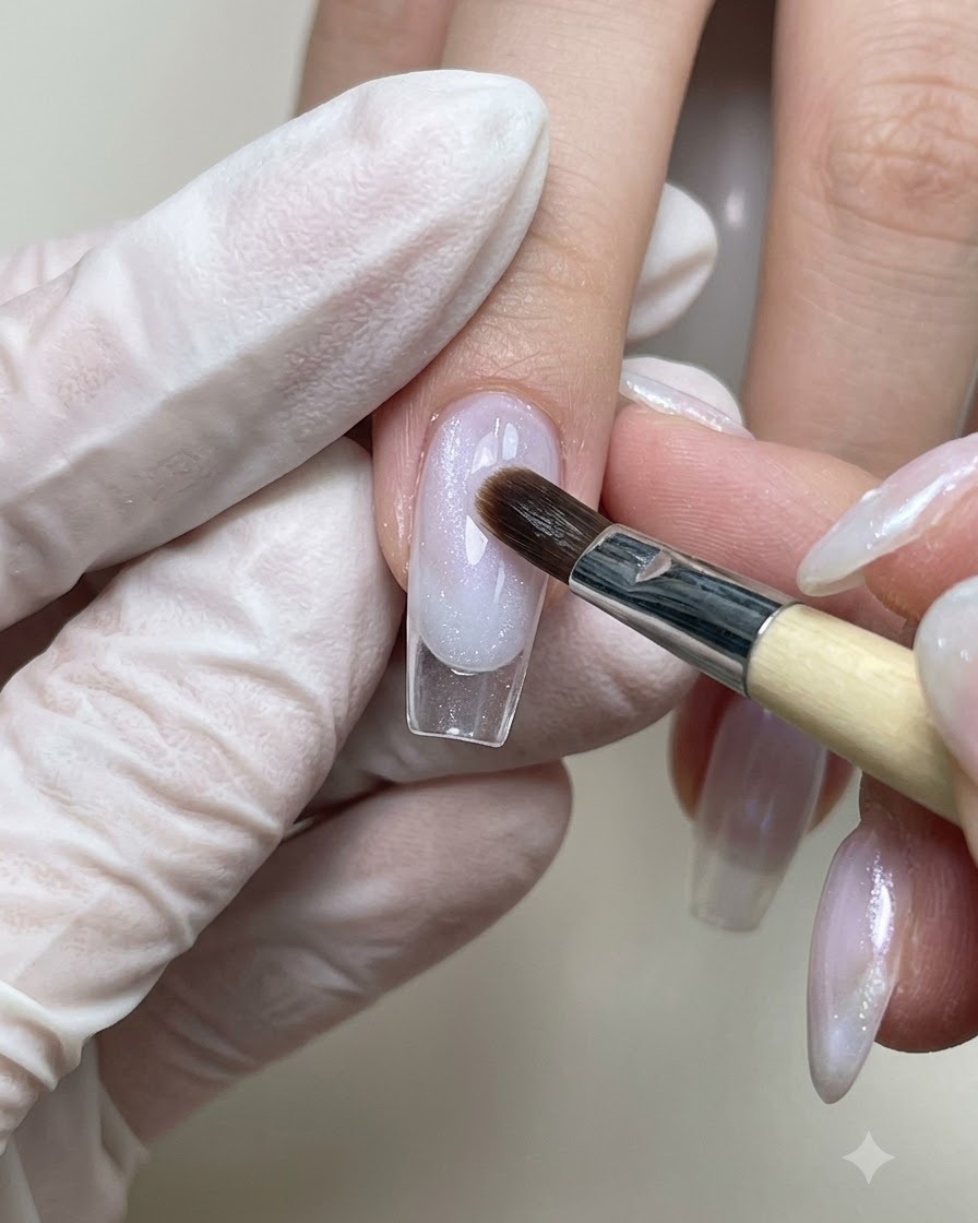 手袋を着用した手が、ネイルチップ上で薄い紫とピンクのカラージェルを滑らかにブレンドしている様子。