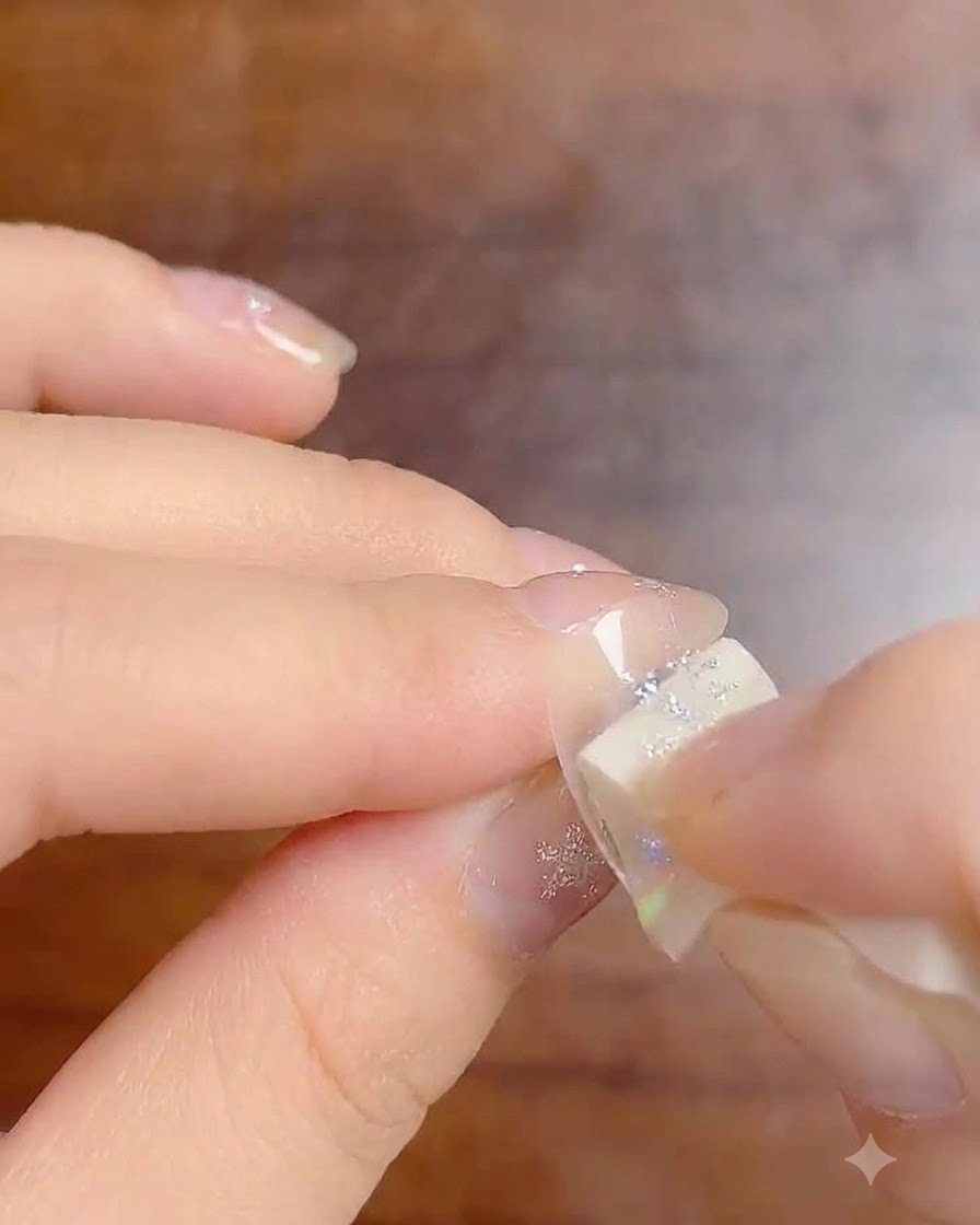 小さなメイク用スポンジを使って、爪の先端にミルキーホワイトのグラデーションジェルをポンポンと乗せている様子。