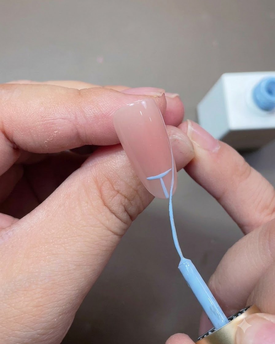 細いライナーブラシがブルーのガイドラインをつなぎ、爪全体に滑らかなフレンチティップのアーチを作成している様子。