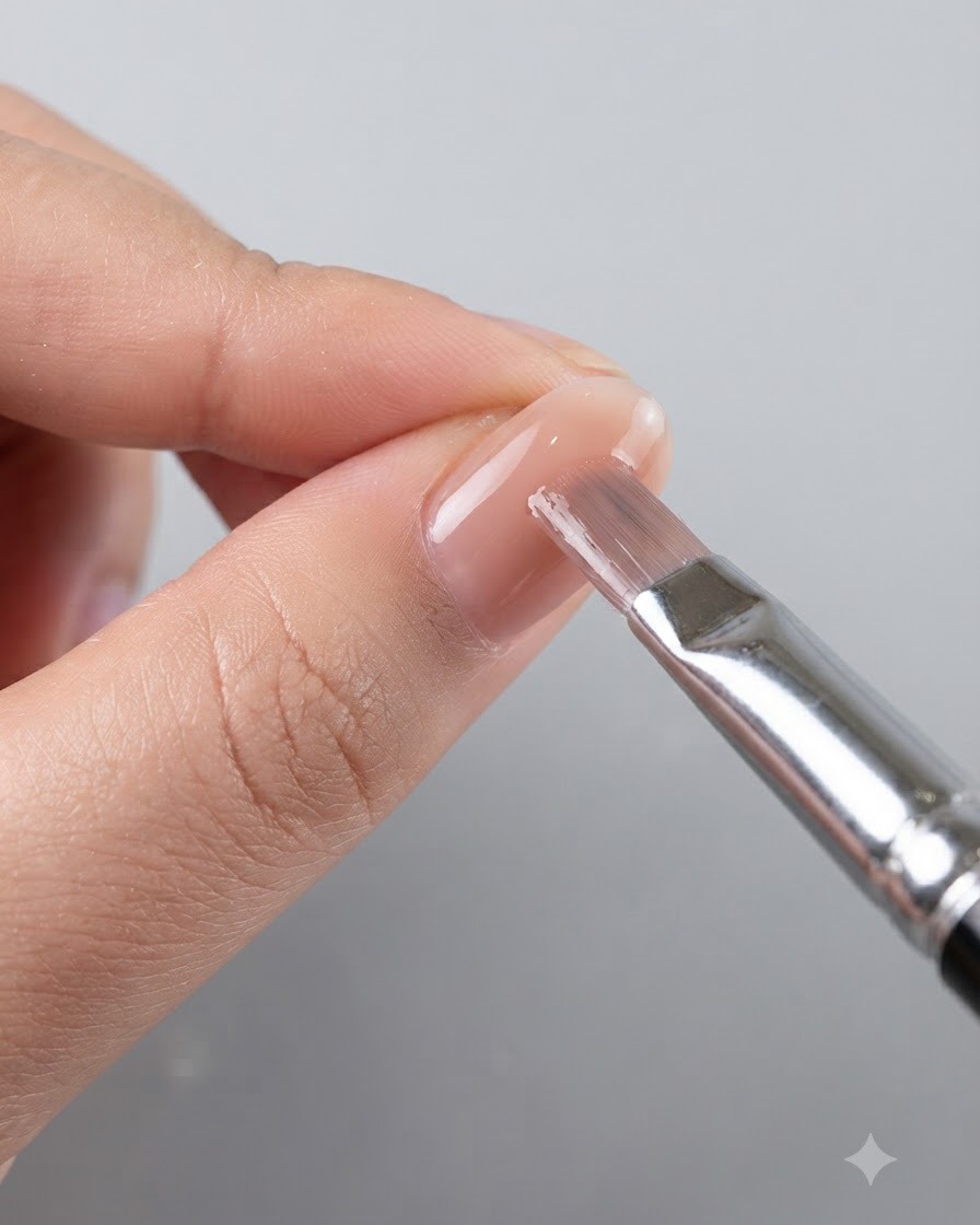 ネイルブラシが爪全体に半透明のヌードピンクジェリージェルを均一に塗布している様子。