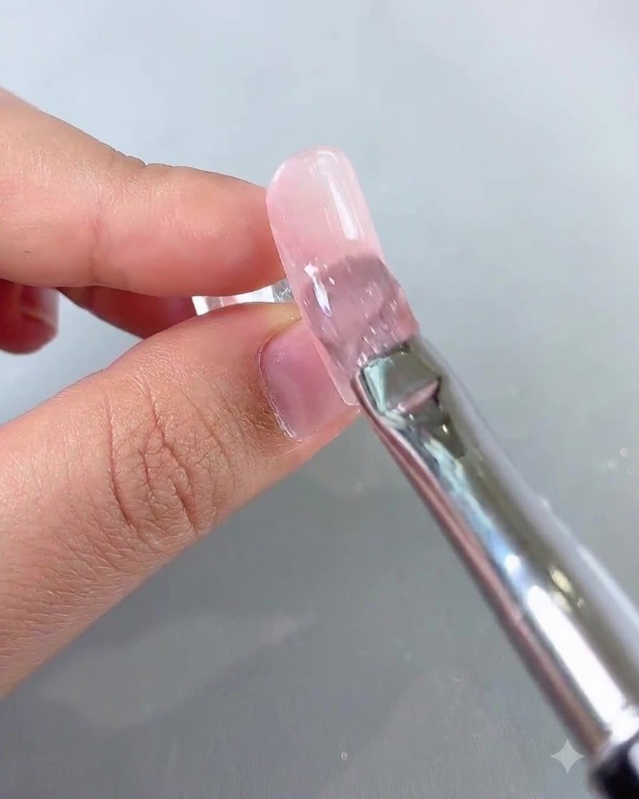 ブラシがピンクのネイルベースの上をきらめく半透明のキャッツアイジェルで滑らせている様子。