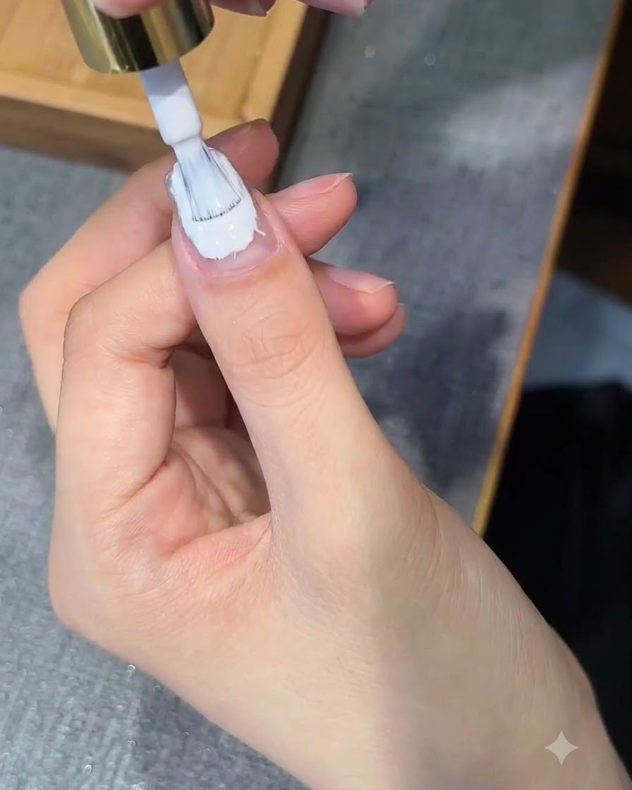 装飾された爪の上にネイルブラシで透明なトップコートを塗布している様子。