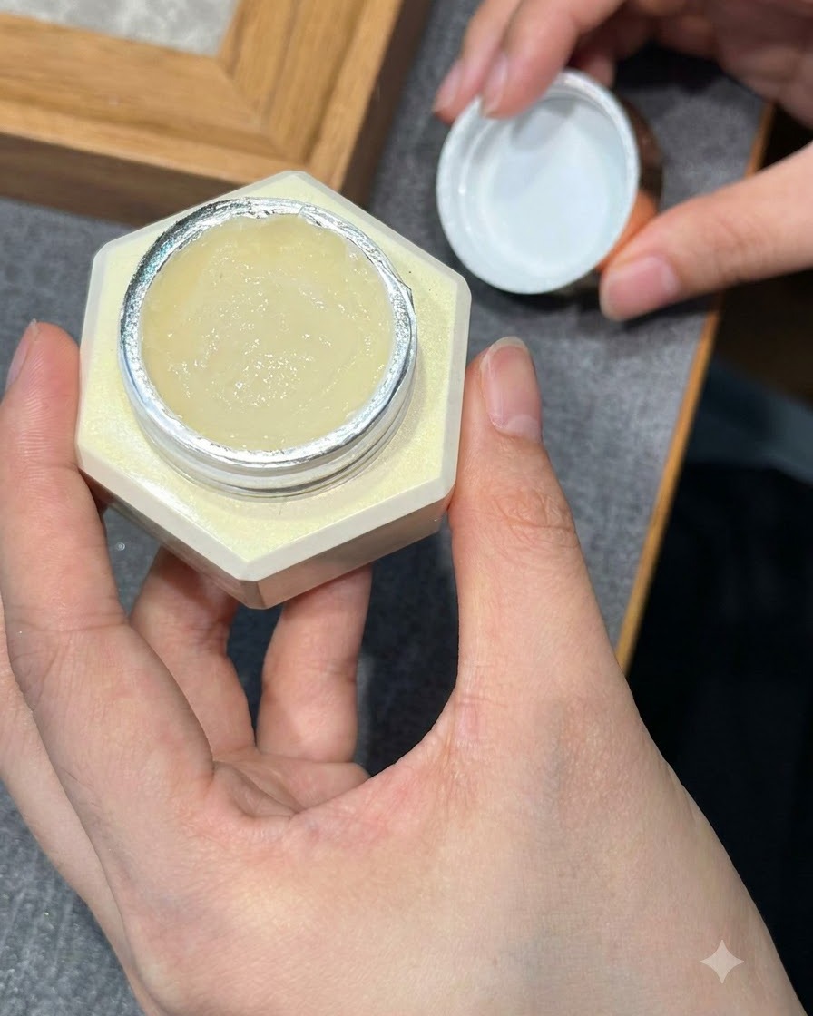 ネイルアート用パーツの入った小瓶から小さなクリアのラインストーンをドッティングツールで拾い上げている様子。