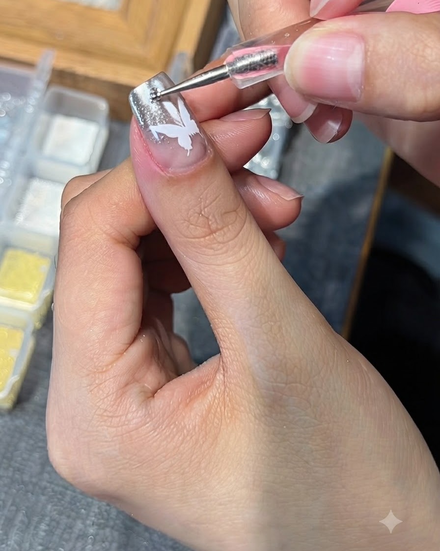 白い蝶のデザインが施された爪の上に、ドッティングツールで小さなラインストーンを置いている様子。