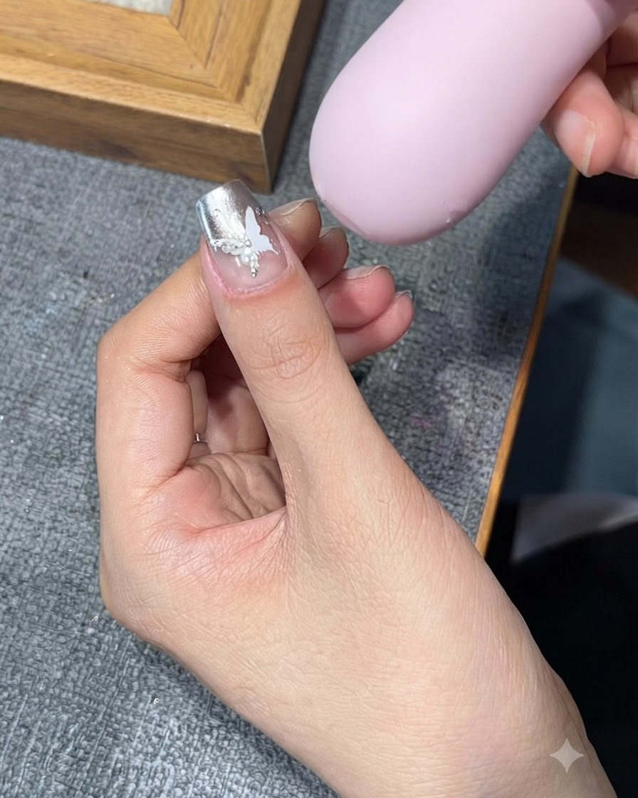ピンク色のUV/LED硬化ランプの下で爪を保持している手入れされた手。