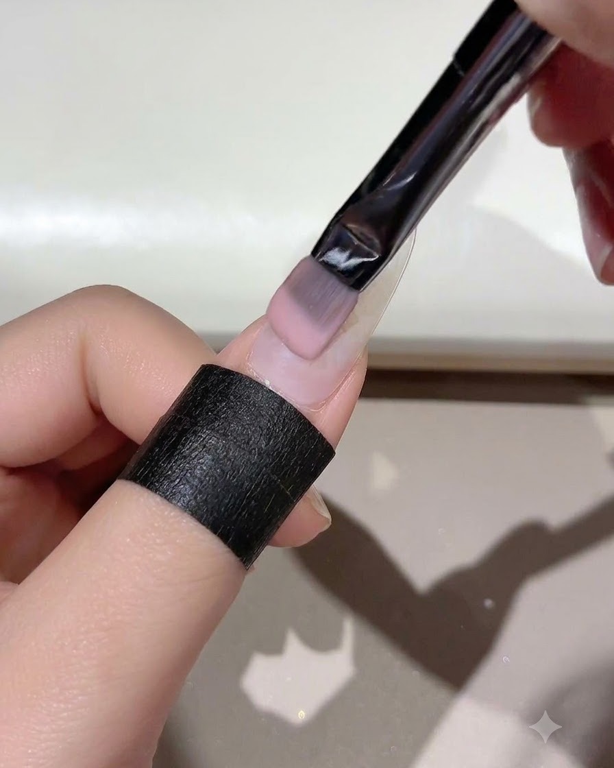 フラットなネイルアートブラシを使用して、爪の表面全体にジェイドD05ピンク系ジェルを均一に塗布している様子。