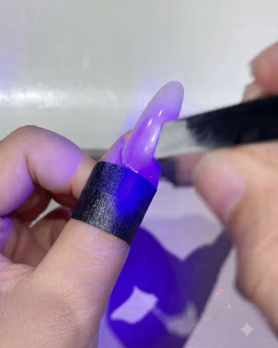 ブラシを使用して、爪の中央にジェントルNo.7製品の鮮やかなピンクのドットを塗布している様子。
