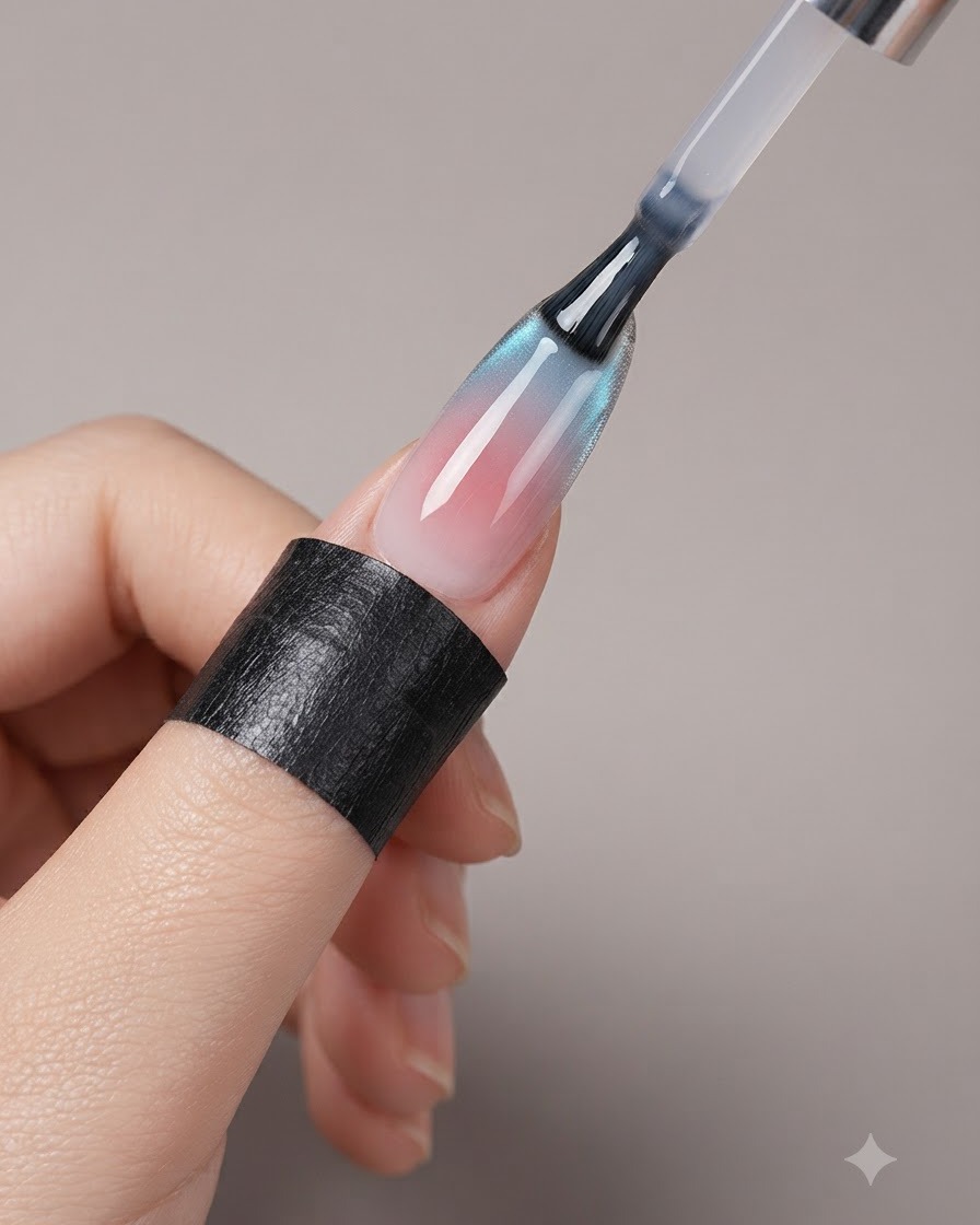 完成したキャッツアイフレンチマニキュアの上に光沢のあるクリアトップコートを塗布しているネイルブラシ。