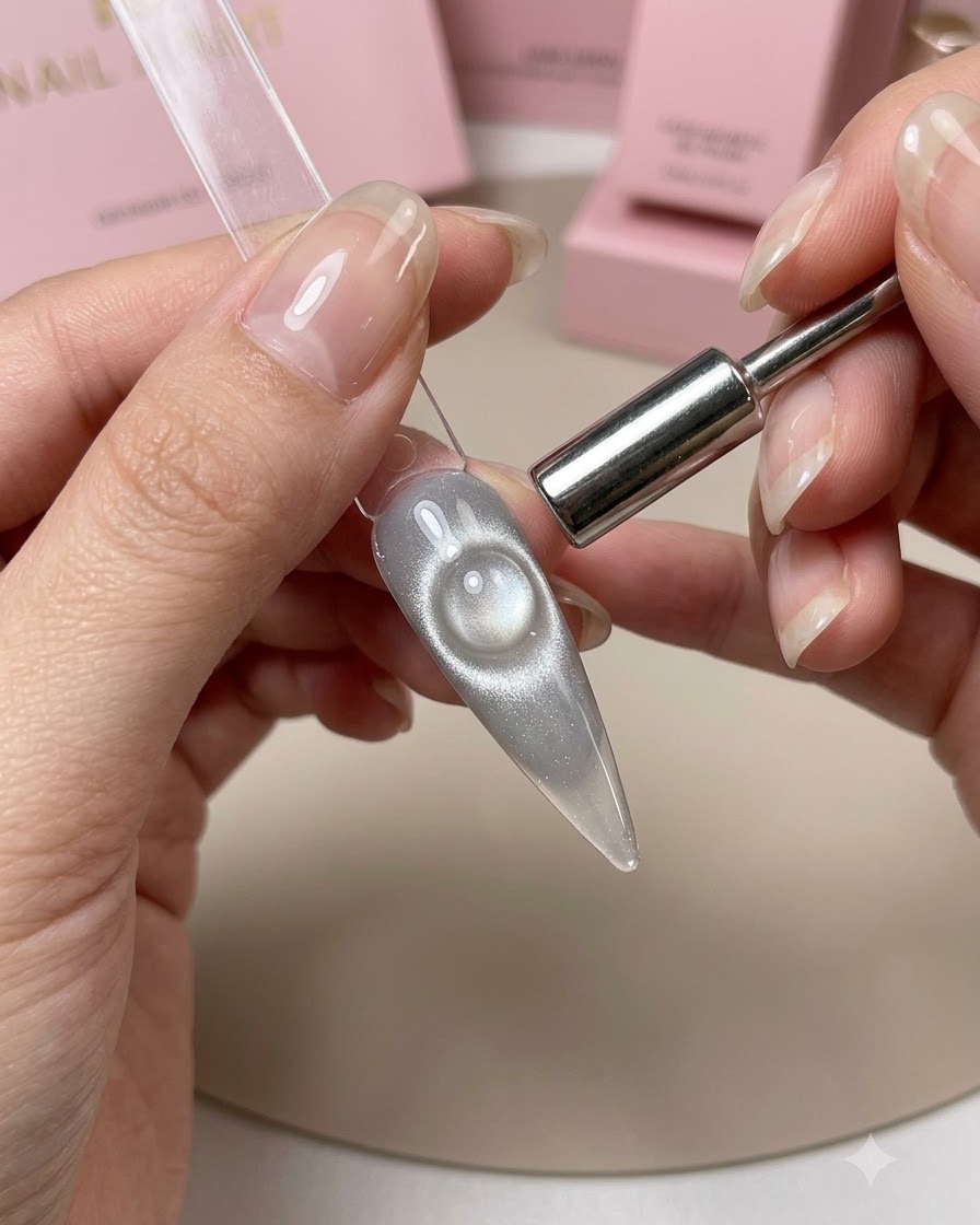 グレーのキャッツアイネイルチップの上で、輝く円形の光の反射を作り出している小さな円柱状のマグネット。